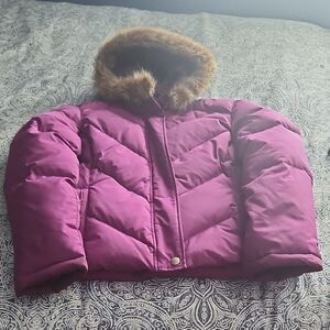 Dkny Purple Puffer Jacket with Faux Fur Hood
